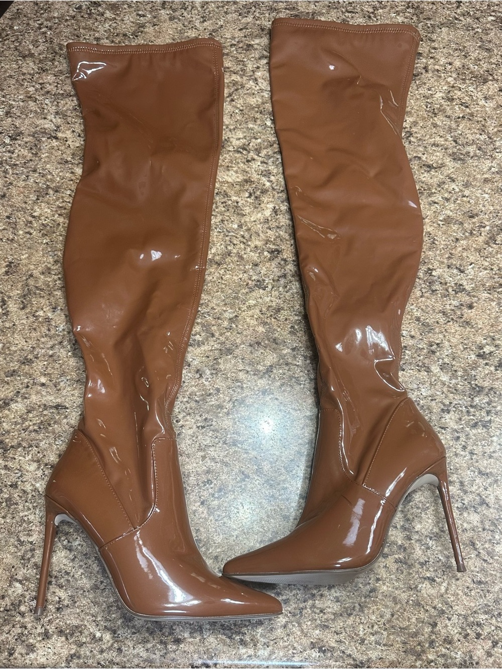 Steve Madden Viktory Cognac Brown Patent Over-the-Knee Stiletto Boots 8